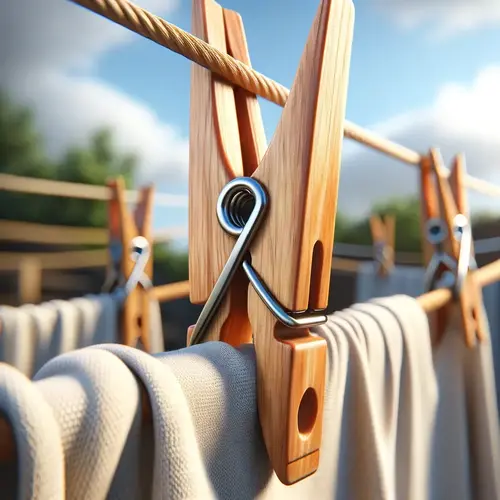 A realistic image of a high-quality wooden clothespin in use, gripping a piece of clothing. The clothespin is made of polished wood