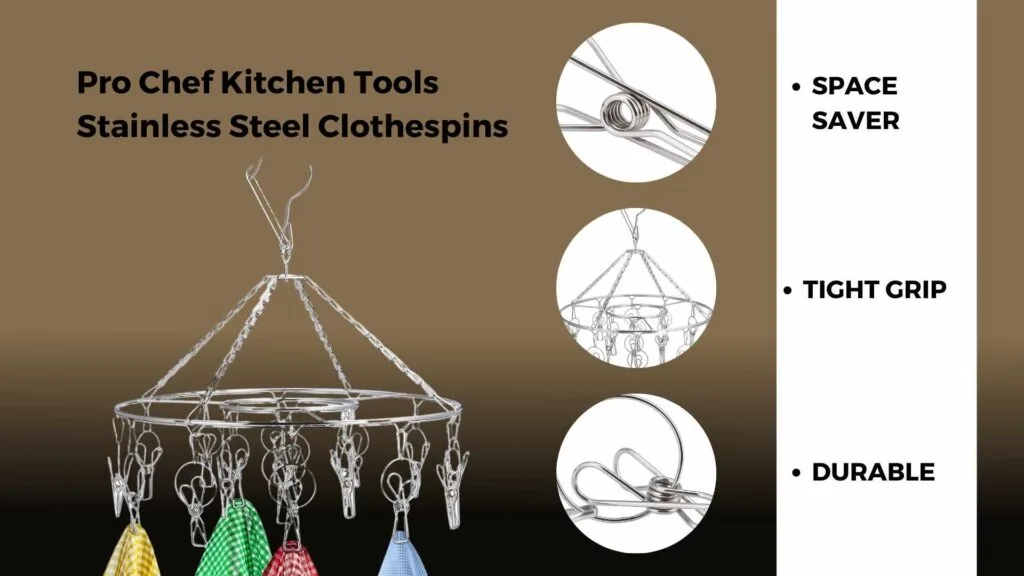 Stainless steel clothespins by Pro Chef Kitchen Tools gripping thick garments.