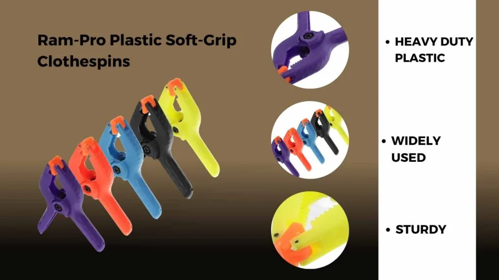 Array of Ram-Pro Soft-Grip Clothespins holding colorful fabrics.