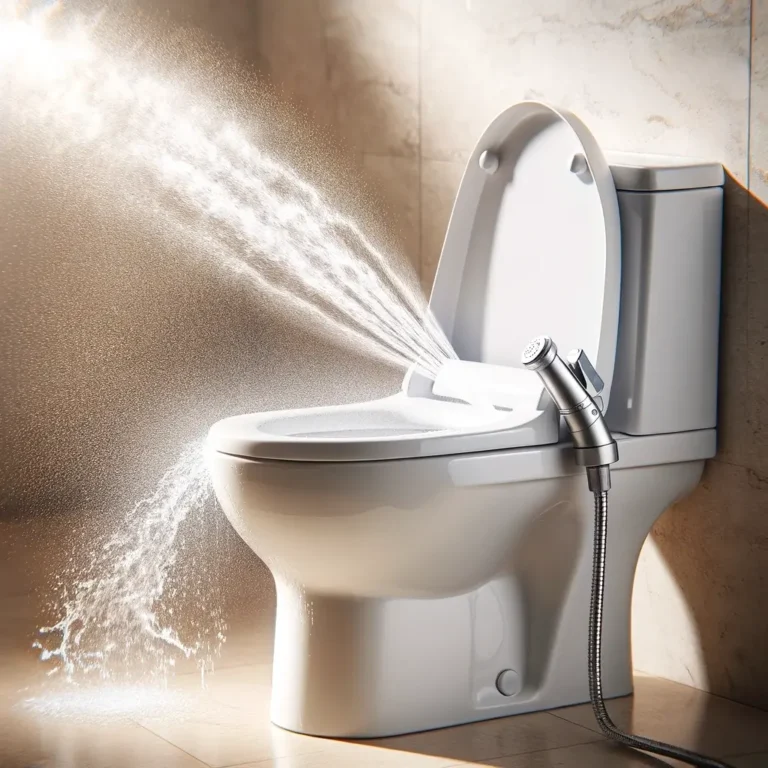 A bidet in action, showing water spraying from the nozzle into the toilet bowl. The image should capture a side view of a white ceramic toilet