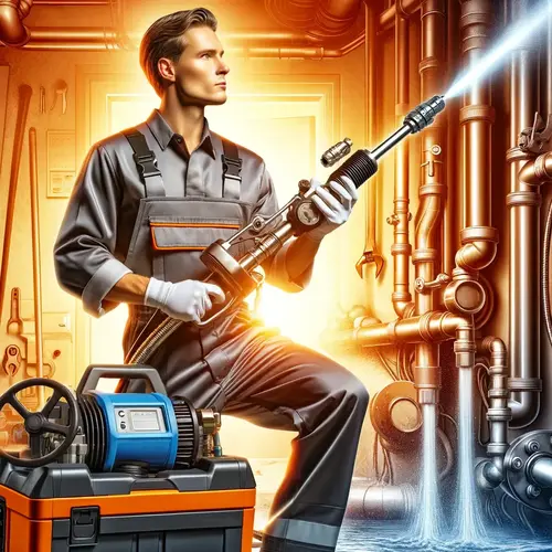A-professional-plumber-operating-a-hydro-jetting-machine.-The-image-should-show-a-plumber-in-work-attire-holding-and-maneuvering-a-high-pressure-hydr