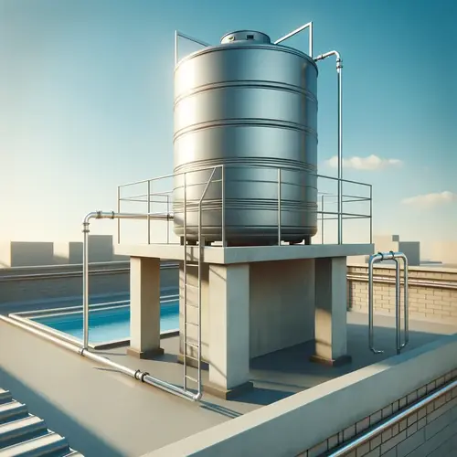 An image of an overhead water tank typically found on the rooftops of houses or buildings. The tank should be cylindrical or rectangular in shape,